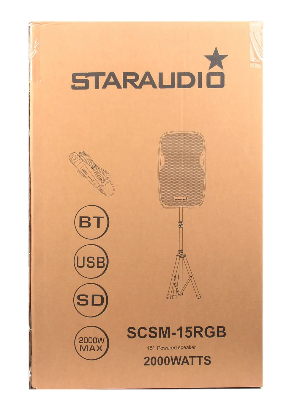 package of  pro 2000W 15inch powered pa stage rgb rgb light speaker usb sd bluetooth with speaker stand 