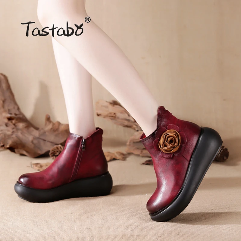 

Tastabo 2018 Fashion Flower Women Boots Platform Zipper Boots Female Black Leather Casual Shoes Ladies Ankle Boots