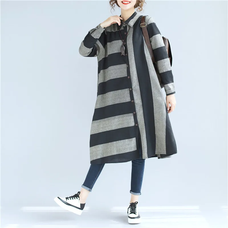 ilstile 2018 Fashion Women's Long Sleeve Striped Shirts Cotton Linen Casual Loose Long Tops Plus Size Spring Autumn Shirt M-XXL Blouses