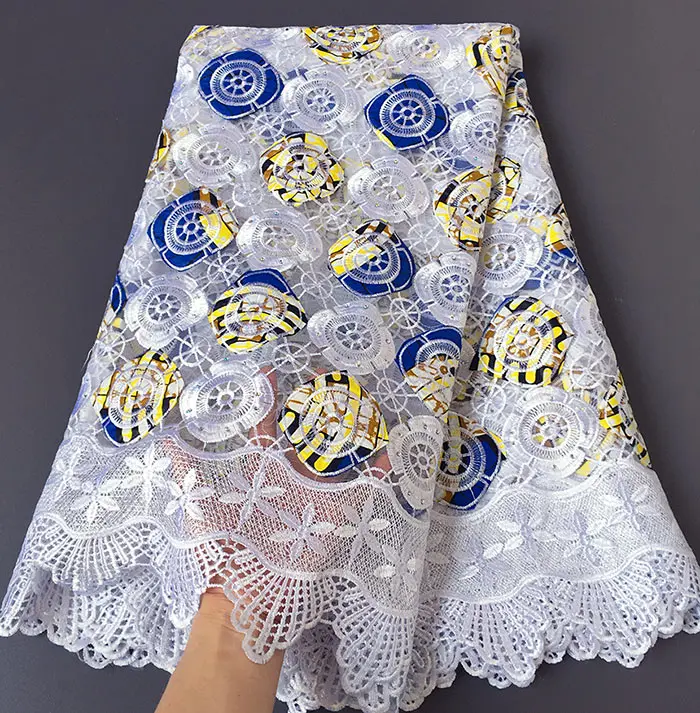 Натуральный воск вышивка африканская французская кружевная тюль ткань нигерийская швейная ткань с гипюровой кружевной каймой высокого качества 5 ярдов/шт - Цвет: White Blue Yellow