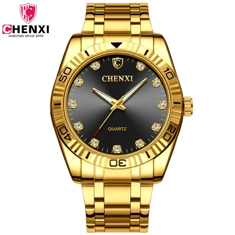 

TOP Golden New Clock gold Fashion Men Watch full gold Stainless Steel Quartz waterproof watch Wrist Watch Wholesale CHENXI Gold