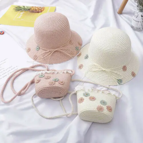 

2pcs Girl Kids Beach Bucket Breathable Cap Straw Sun Hat+Shoulder Handbag Bag Size 3-8Y