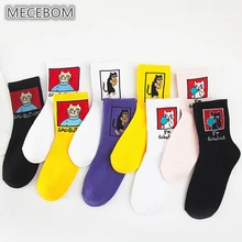 Женские носки, японские каваи Харадзюку, Забавные милые носки, женские хлопковые носки с рисунком кота, печенья, черные носки с принтом 115C