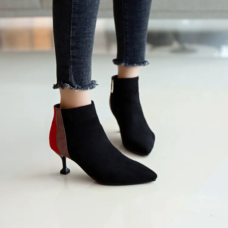 

Big Size 11 12 13 14 15 16 Suede pointed short tube high and thin heel side zipper matching color Martin bare boots