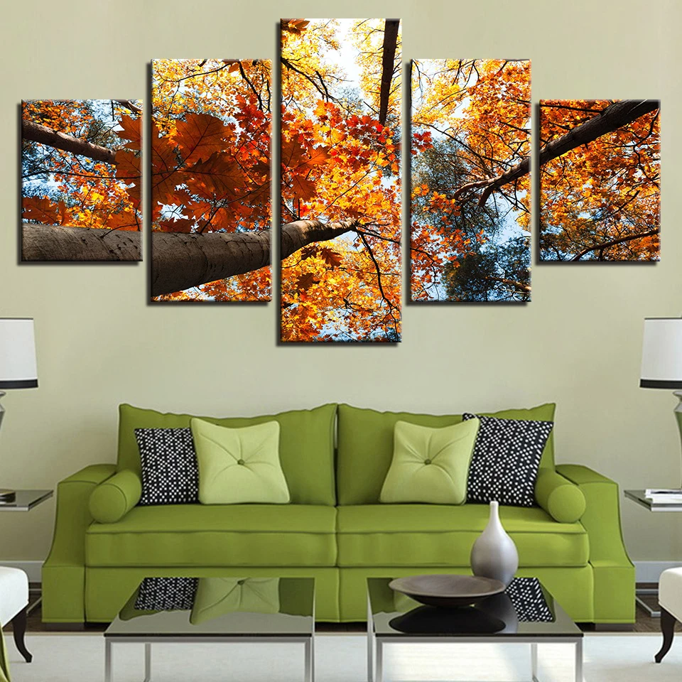 

Canvas HD Prints Painting Wall Art Framework Home Decor 5 Pieces Autumn Foliage Poster Big Trees Leaves Pictures For Living Room