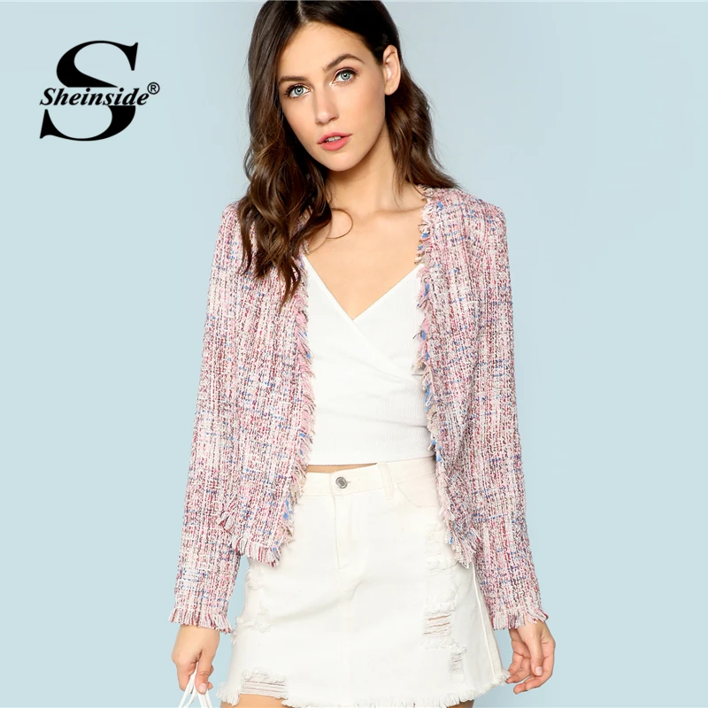 Sheinside Frayed Trim Tweed Elegant Coat Ladies Workwear Womens Jackets and Coats 2018 Women Long Sleeve Collarless Jacket Coats