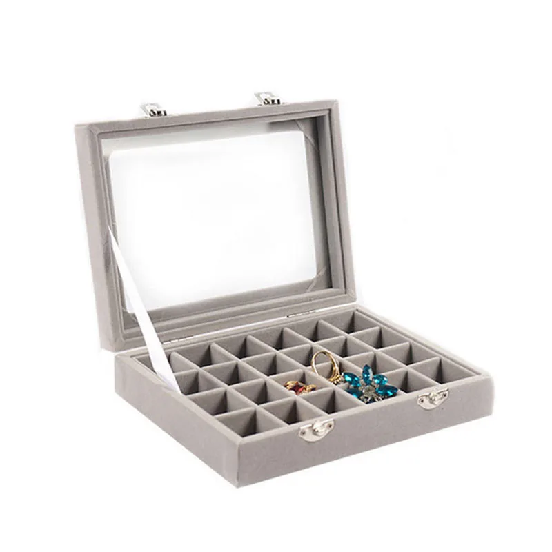 

24 Grids Gray Velvet Jewelry Box Rings Earrings Necklaces Makeup Holder Case Organizer Women Jewelery Storage 20*15*4.5cm