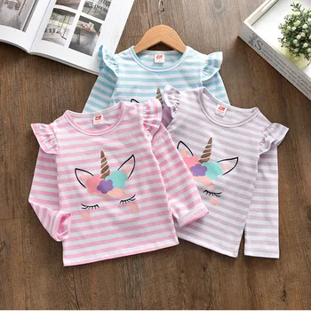 

Baby T shirts Long sleeve cotton stripe unicorn cute girls tees clothing autumn spring cartoon children t shirts kids tops