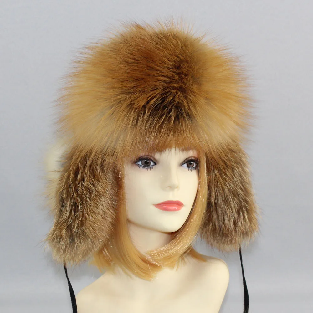 Женская зимняя шапка из натурального Лисьего меха, теплая Модная шапка из натурального меха енота, шапка для ушей - Цвет: brown