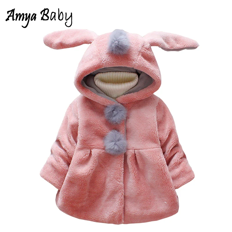 AmyaBaby 2019 куртки для новорожденных Для девочек осень зима Мех животных пальто с длинным рукавом капюшоном Детская ветровка маленьких зимнее