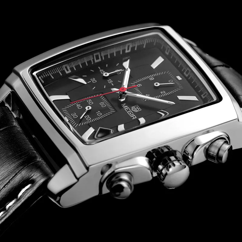 Top Luxury Brand MEGIR Watch Men Chronograph Function Date Rectangle
