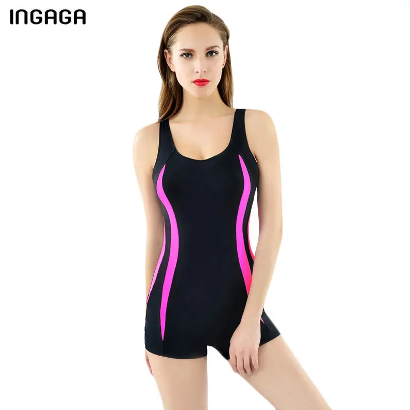 

INGAGA Sport Swimming Suits For Women One Piece Swimsuit Patchwork Competition Swimwear Open Back Boyshort Bathing Suits