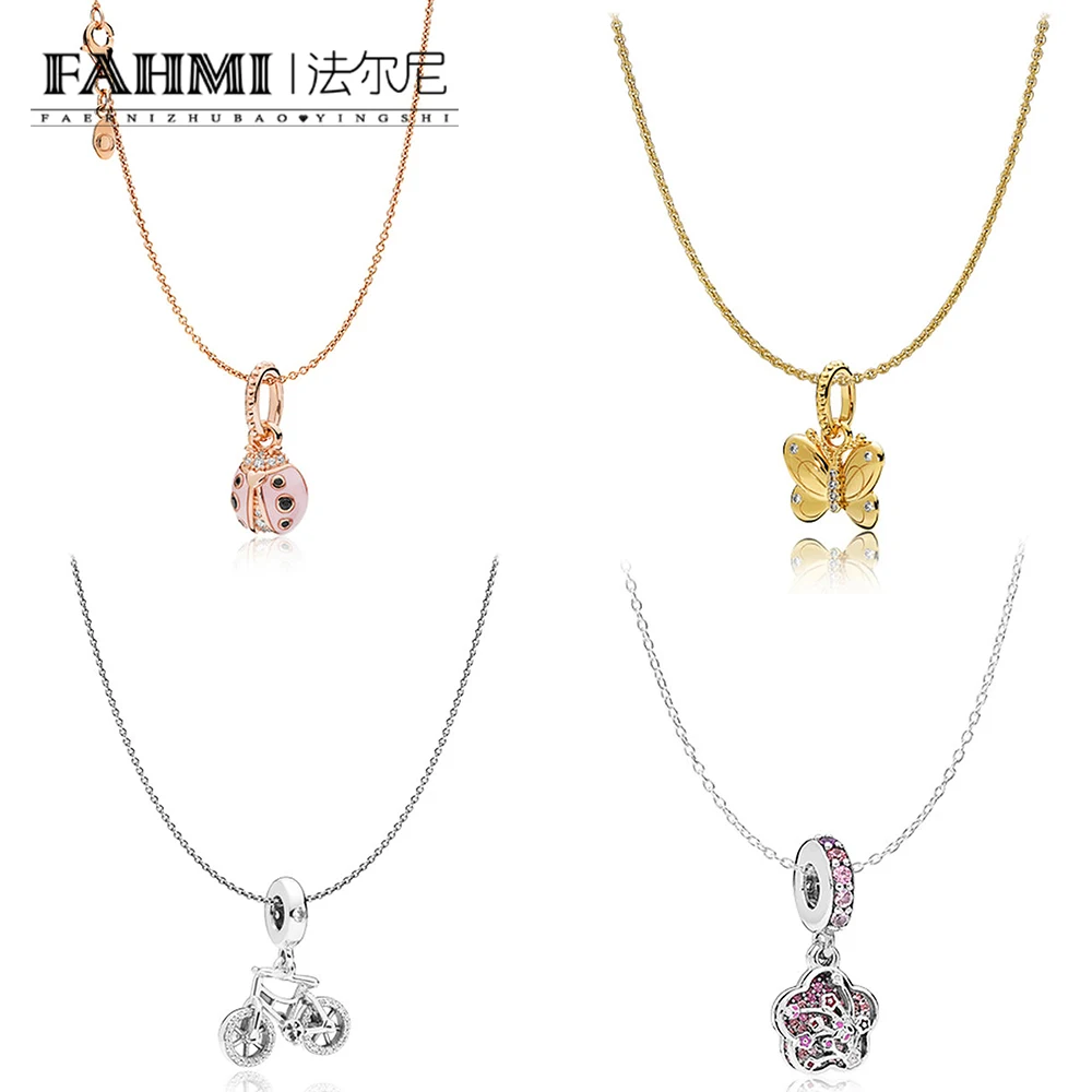 

FAHMI 100% 925 Sterling Silver Lucky Pink Ladybug Shining Kingdee Gorgeous Bicycle Flower Pressed Pendant Necklace Set