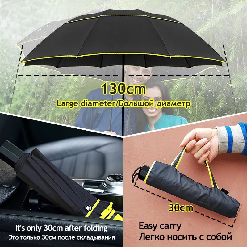 Baratos Paraguas de lluvia de 130cm para hombre 3 Paraguas plegables portátiles de doble capa al aire libre grandes Paraguas fuertes a prueba de viento para hombres Paraguas