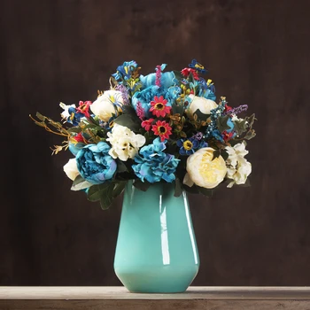 

European Silk Peony Korean Potted Artificial Flower Ceramic Vase Sets Living Room Indoor Decoration Table Flora Mordern Arts
