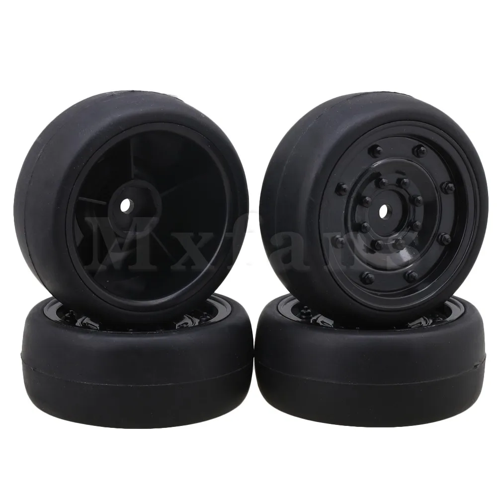 Mxfans 4Pcs RC 1:10 Rubber Tires & Silver Grey Aluminum Wheel Rims - For On-Road Racing Cars
