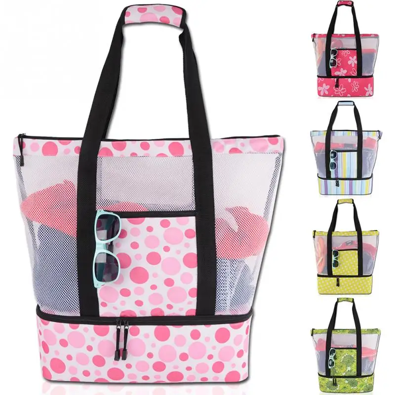 

Travel Picnic Beach Bag Multi-function Flat Bottom Mesh Beach Tote Bag with Zipper Top and Insulated Picnic Cooler