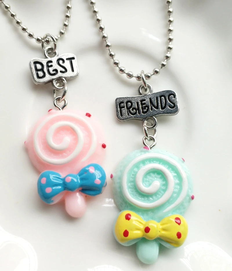 

Children Best Friends Cute Resin Pink Blue Bowknot Lollipop Pendant BFF 2 Necklace Friendship Jewelry Gifts For Kids 2PCS/Set