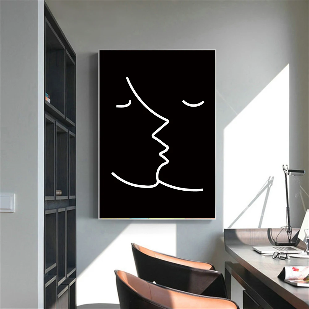 Black White Wall Art Line Drawing Kiss Art Canvas Print Nordic Poster