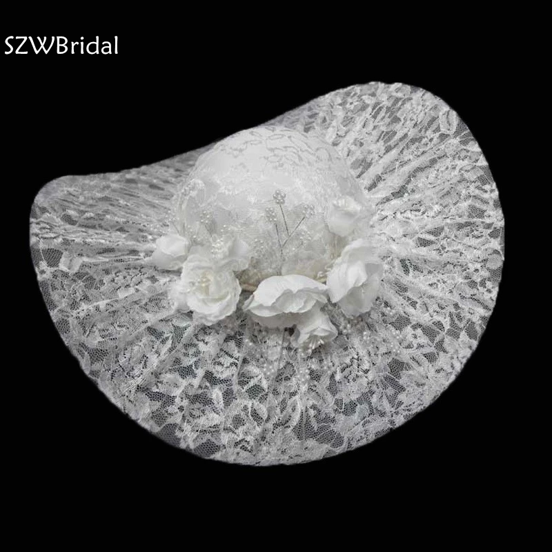 New Arrival Lace Bridal Hats Pearls Lace tocado novia Wedding Hats Veil For Bride Wedding Accessories Chapeau mariage