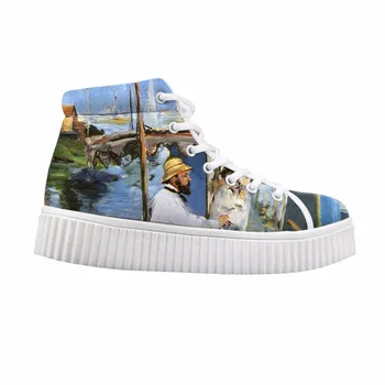 

New Arrival 2019 Women Flats For Lady Lace-up Stylish High Top height increasing Platform Shoes Painting Art Print Edouard Manet