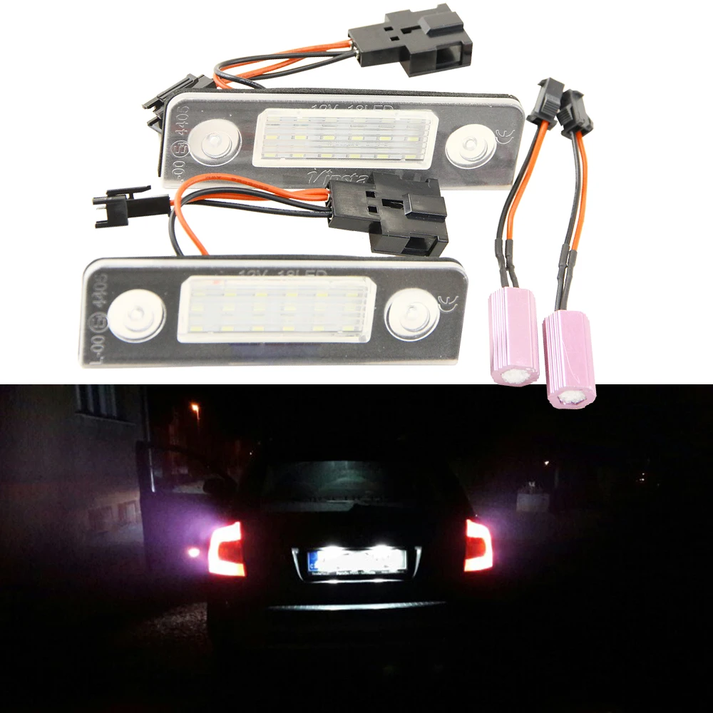 

2Pcs Car LED License Plate Lights 12V SMD3528 VW Number Plate Lamp Canbus Bulb Kit For Volkswagen Skoda Octavia 1Z Roomster 5J
