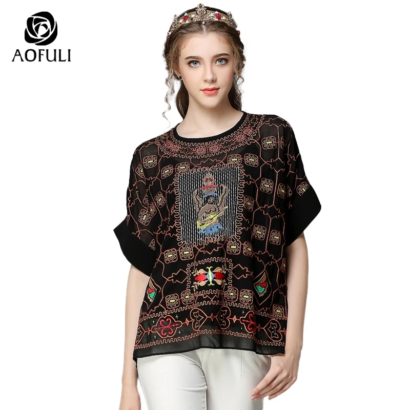 Женские шифоновые блузки AOFULI большие размеры XL/XXL с коротким рукавом черного