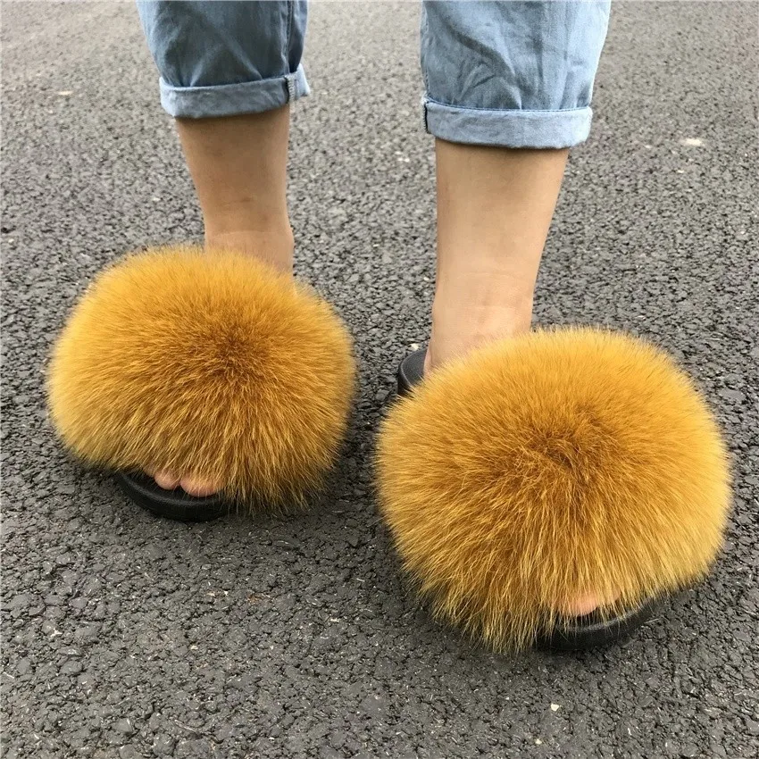 Fluffy Slippers Real Fox Fur Slides Indoor Flip Flops Casual High Recommend Raccoon Fur Sandals Vogue Plush Shoes - Color: Lake blue