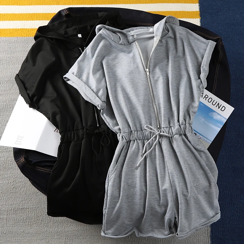 cotton bodysuit Short sleeve deep v hoodies gray casual fashion Body 2019 Jumpsuit summer Romper