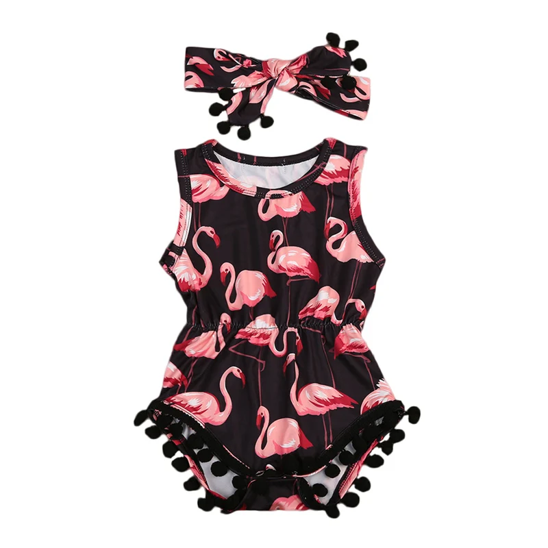 2Pcs//Set Summer Toddler Baby Girls Sleeveless Flamingo Tassel Romper Heanband 2Pcs Jumpsuit