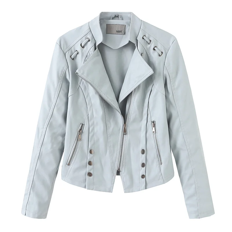 NXH 2019 fall leather jacket women Turn-down Collar motor biker jacket fashion plus size women coat  autumn streetwear
