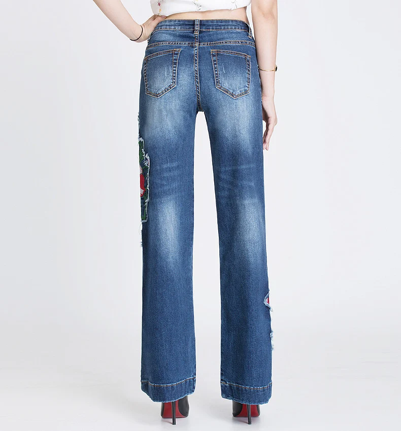 FERZIGE бренд лучший продавец вышивка красный цветок Высокая Талия промывают джинсы леди свободные широкие брюки ноги плюс Размеры Брюки для беременных