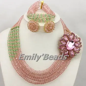 

2015 New Fashion African Beads Jewelry Set Peach Green Nigerian Wedding Crystal Beads Necklaces Jewelry Set Free Shipping AMJ181