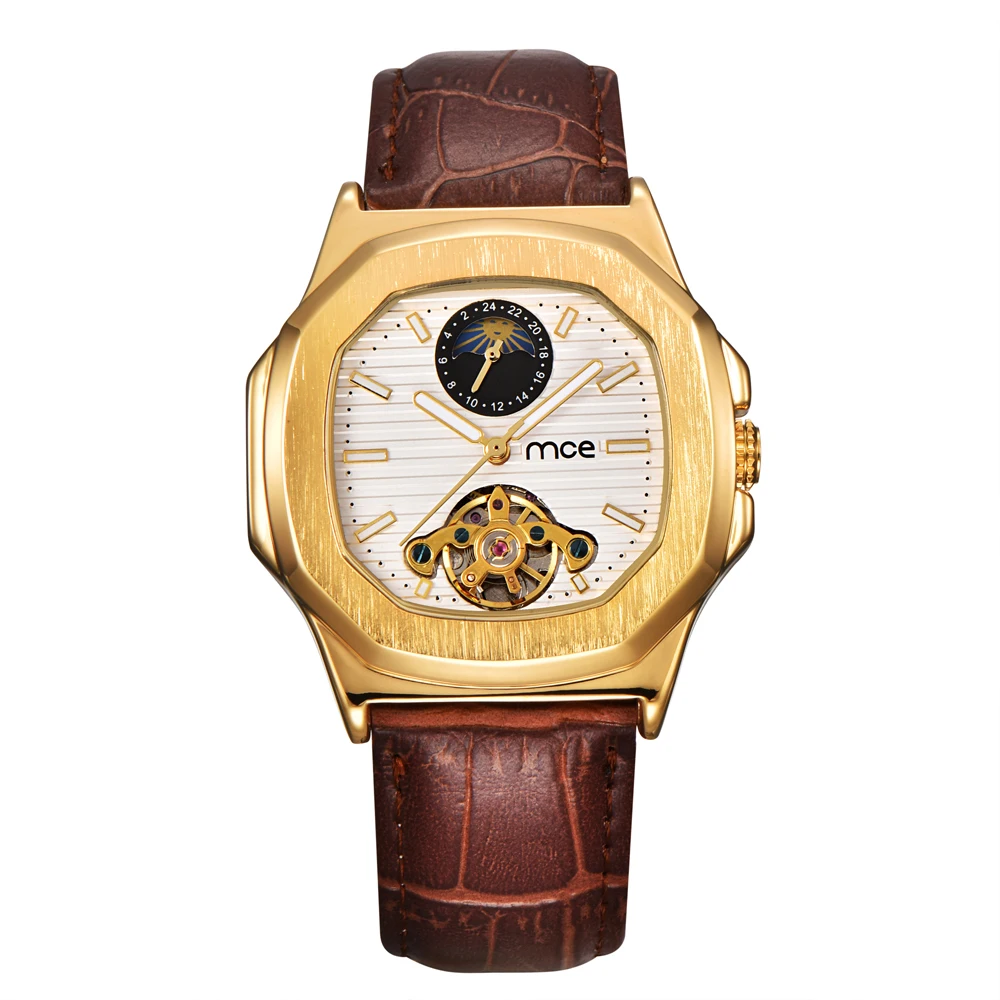 

MCE brand logo brown genuine leather tourbillon movt oem automatic men watch