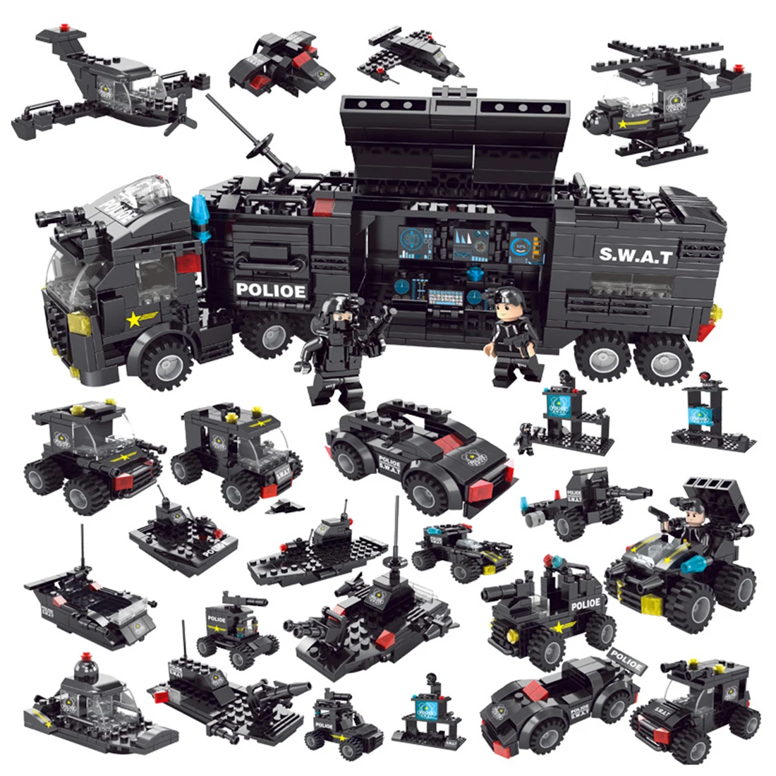 

618Pcs 8-in-1 2 Dolls Black Hawk Flying Dragon Special Police Ccommand Vehicle Small Particle Building Block Set