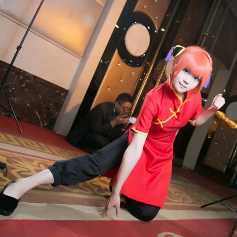 

Free shipping Anime GINTAMA COSPLAY Kagura COS Halloween Party Unisex cosplay cheongsam+Pants costumes