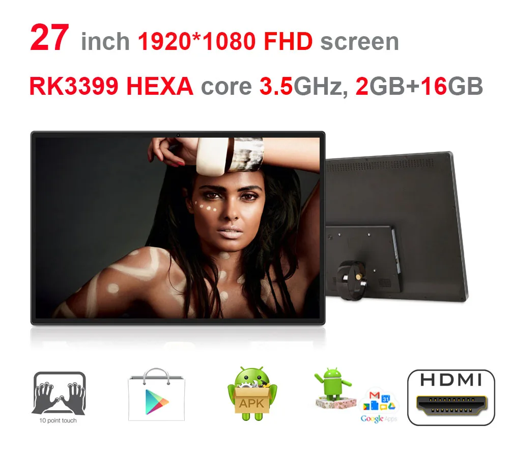 Reducido HEXA core-pantalla de auto pedido Android 7,1 De 27 pulgadas, quiosco inteligente todo en uno, pc (RK3399 3,5 GHz, 2GB ddr3, nand 16GB, wifi 2,4G/5G) znKLa8VV