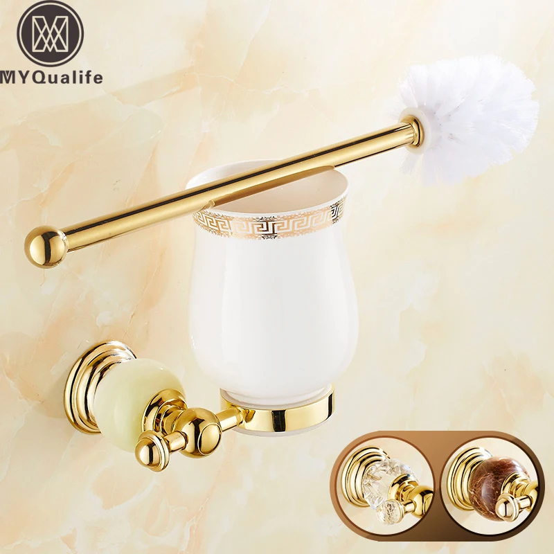 Crystal and Jade Golden Brass Ceramic Toilet Brush Holder Wall Mounted