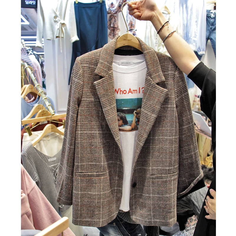 

Autumn Women Blazer 2017 Single Botton Women's Blazers And Suit Jacket Long Sleeve Blazers Damas Notched Plaid Blazer Plus Size