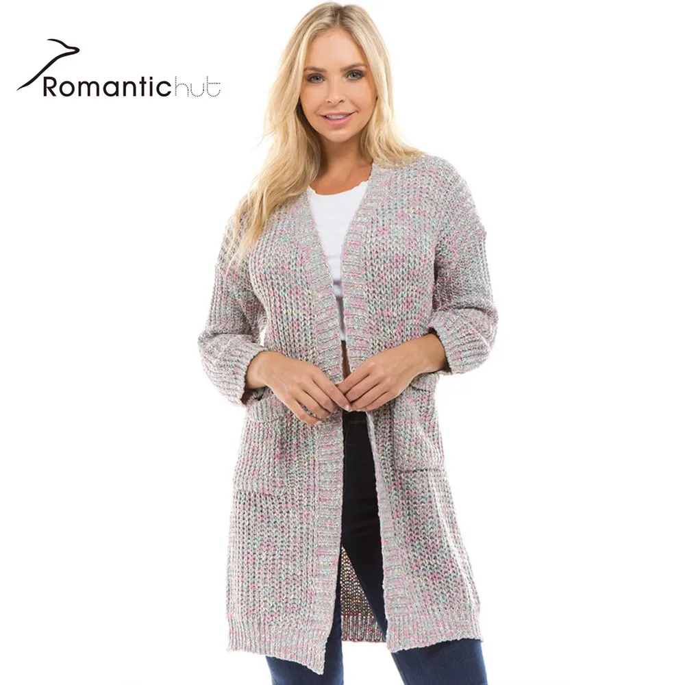 Women Long Knitted Rainbow Cardigan V Neck Long Sleeve