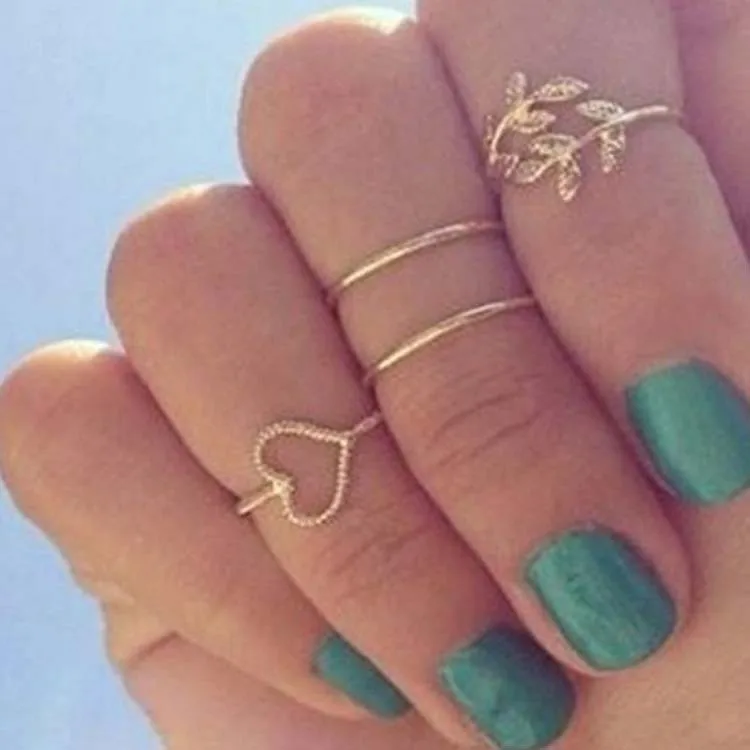 

4 Pieces/set Leaf Rings Set Crystal Gold Silver Heart Midi Knuckle Ring Open Adjustable Women Rhinestone Mid Finger Jewelry