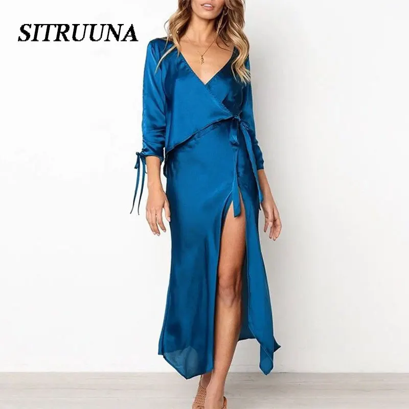 Sitruuna 2019 Sexy Split Long Maxi Dress Vintage Drawstring Female Loose Party Casual Lady Lace-Up Boho Vestidos | Женская одежда