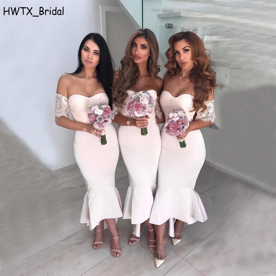 

Light Pink Sexy Mermaid Country Bridesmaid Dresses Cheap 2018 Plus Size Off Shoulder Vintage Lace High Low Party Prom Gowns