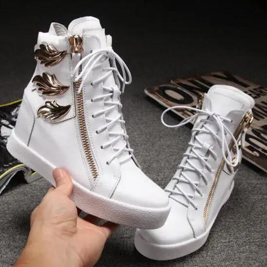 

Gold Leaves Winged Front Lace Up Side Zip High Top Embellished Hidden Wedges Zapatillas Deportivas Mujer Trainers Casual Shoes