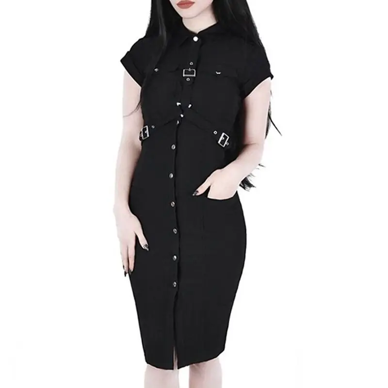 Black Gothic Sexy Women Bodycon Dress Summer French Uniform Streetwear Punk Belt Design Slim Goth Casual Pencil Dresses Female