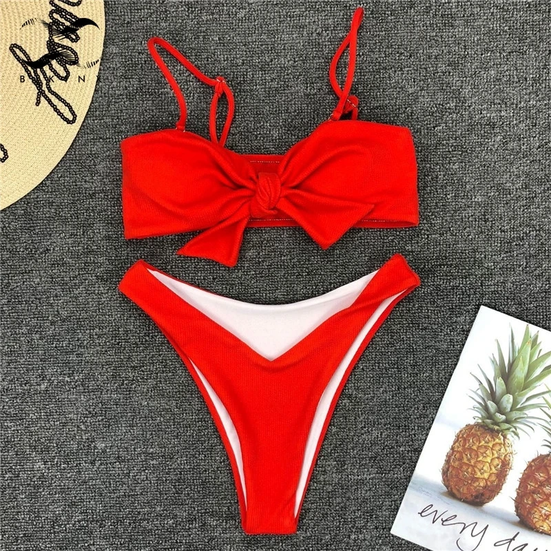 Bikinx ребристые Экстрим бикини микро купальный костюм узел Красный купальник