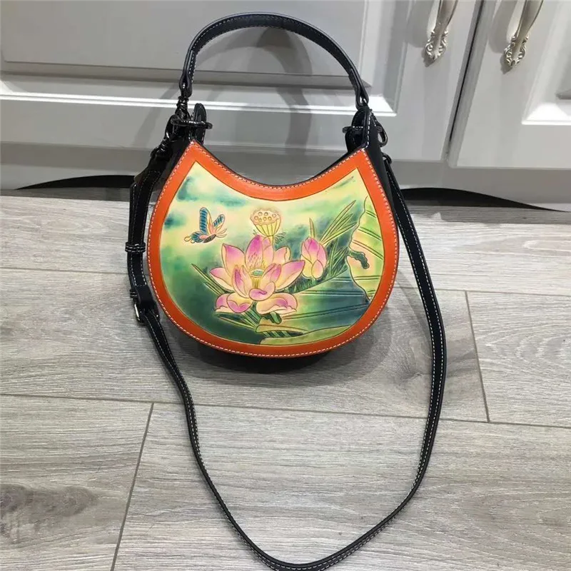 

DIOLEVY Designer Genuine Leather Handmade Carved Flower patterns Elegant Crossbody moon Bags Handbags Women