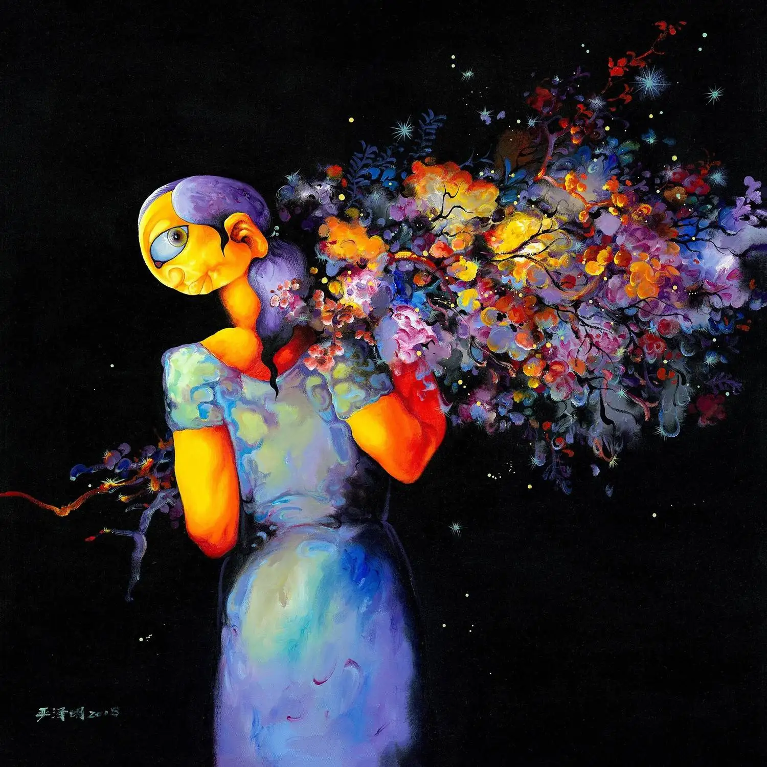 

Acrylic Hand Painting Chinese Painter Yan Zeming's Work "Cosmo In Her Smile" 100X100cm Wall Pictures Room Art Collection