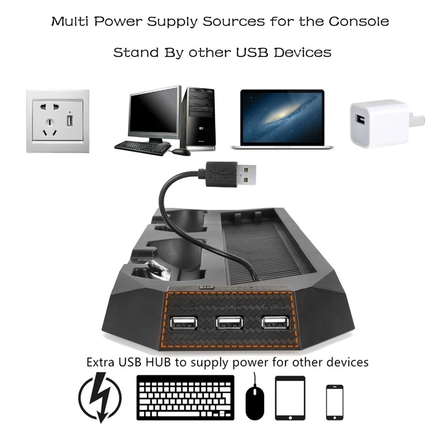  PS4 2 In 1 Vertical Stand with Dual Controller Charging Station Dock 3 HUB Port Cooling fan for Son