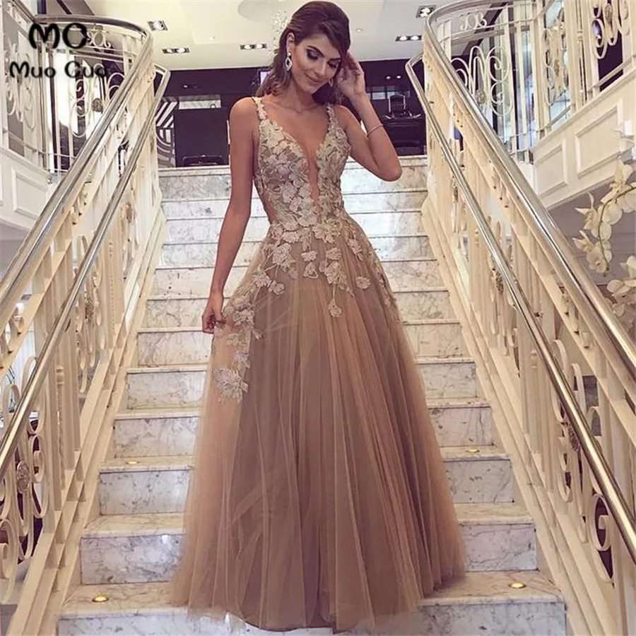 

2018 New Evening Dresses Long with Appliques Spaghetti Straps Tulle Deep V-neck A-Line Formal Evening Party Dress Custom Made